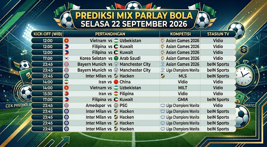 Prediksi Mix Parlay Bola Selasa 22 September 2026: Asian Games 2026 & Liga Champions Wanita Bayern vs Man City